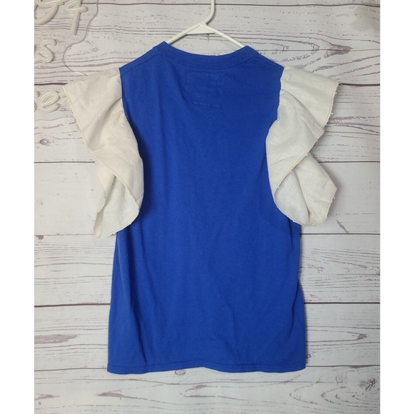 NWT Cult Classics Blue Patchwork Ruffle Sleeve Casual Top Womans Size Small - Picture 2 of 6